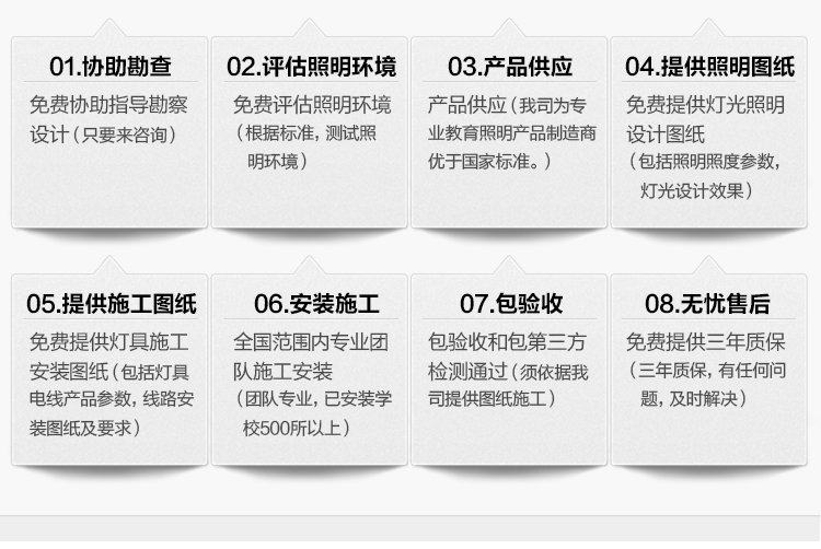 我（wǒ）司（sī）提供一站式教育照明解決方案：1、免費協助指導勘察設計（隻要來（lái）谘詢）2、免費評估照明環境（根據標準，測（cè）試照（zhào）明環（huán）境（jìng））3、產品供應（我司（sī）為專業教育照明產（chǎn）品製（zhì）造（zào）商，優於國（guó）家標準。）4、免費提供燈光照明設計圖紙（包括照明照度參數，燈光設計效果）5、免費提（tí）供燈具施工安裝圖紙（包括燈具/電線產品參數，線路安裝圖紙（zhǐ）及要求）6、全國範圍內專業團隊施工安裝（團隊專業（yè），已安裝學校500所以上）7、包驗（yàn）收和包第三方檢測（cè）通過（guò）（須依據我司提供（gòng）圖紙施工）8、免費提供三年（nián）質保（三年質保，有任何問題，及時解決）